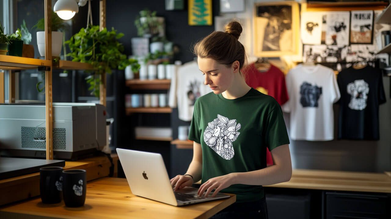 A woman in a green floral t-shirt works on a laptop in a stylish, plant-filled room with art and t-shirts displayed on the walls.