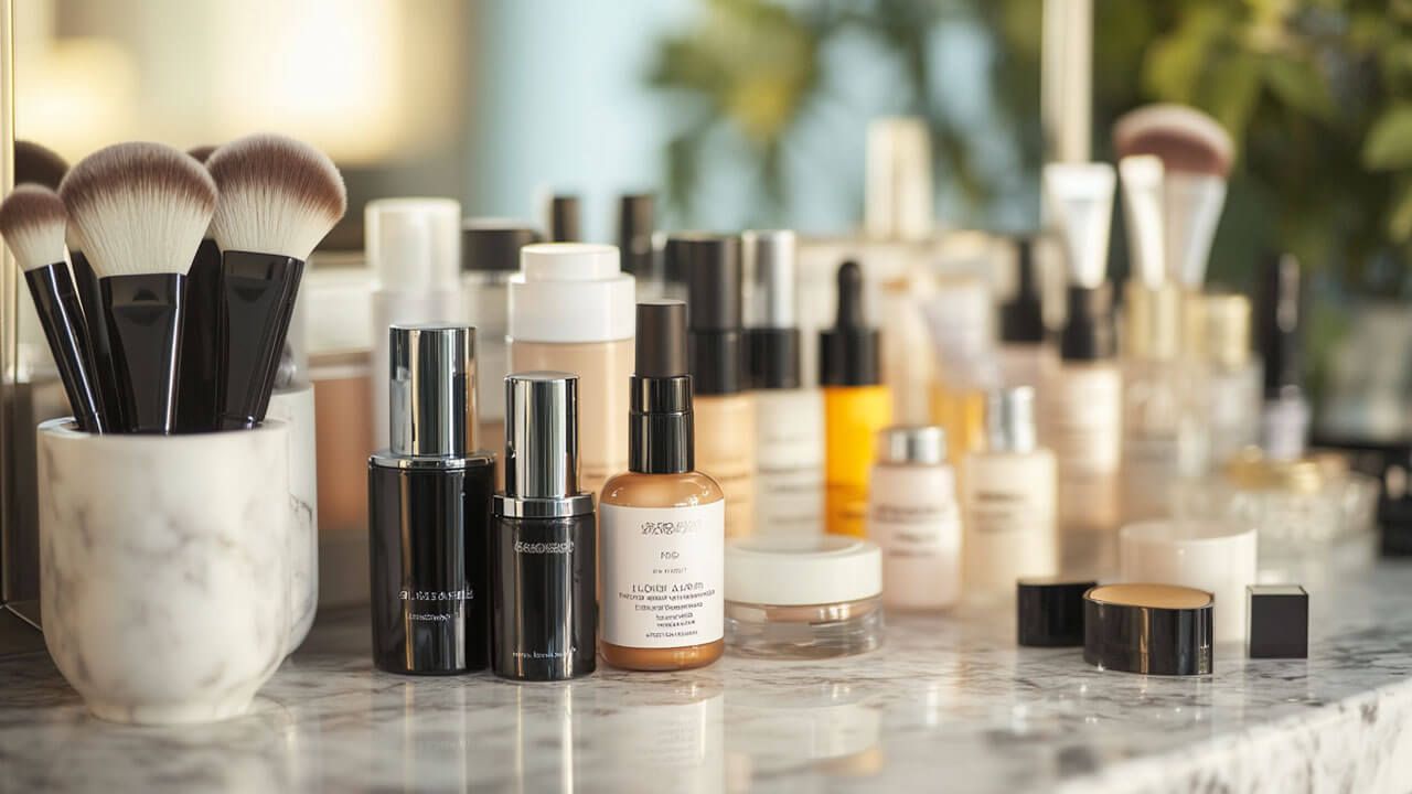 A marble countertop filled with various makeup products, including brushes, bottles, and jars, arranged neatly against a blurred background.