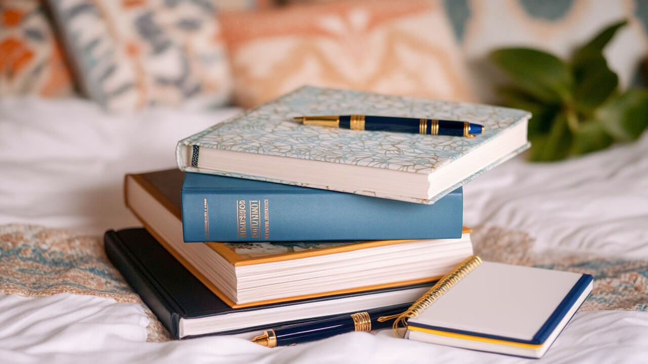 A stack of books and a notebook with pens on a bed, featuring patterned and solid-colored covers, against a cozy background.