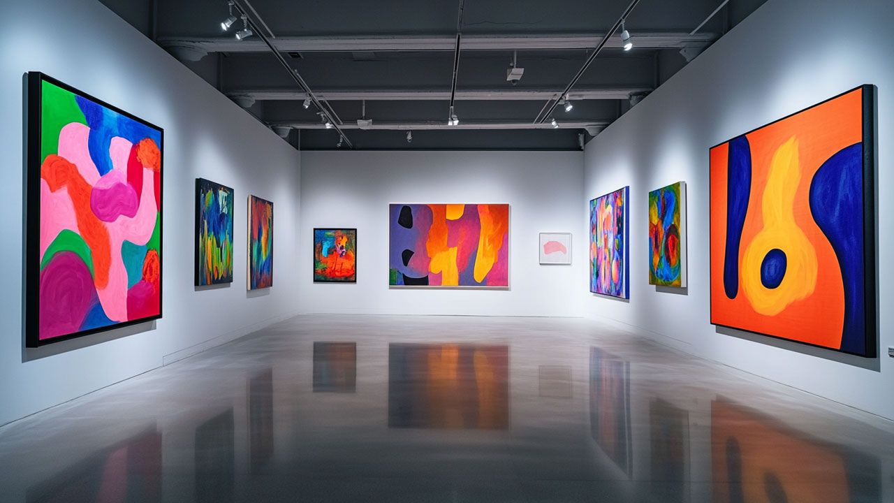 A modern art gallery with colorful abstract paintings on white walls, illuminated by spotlights, reflecting on the polished floor.