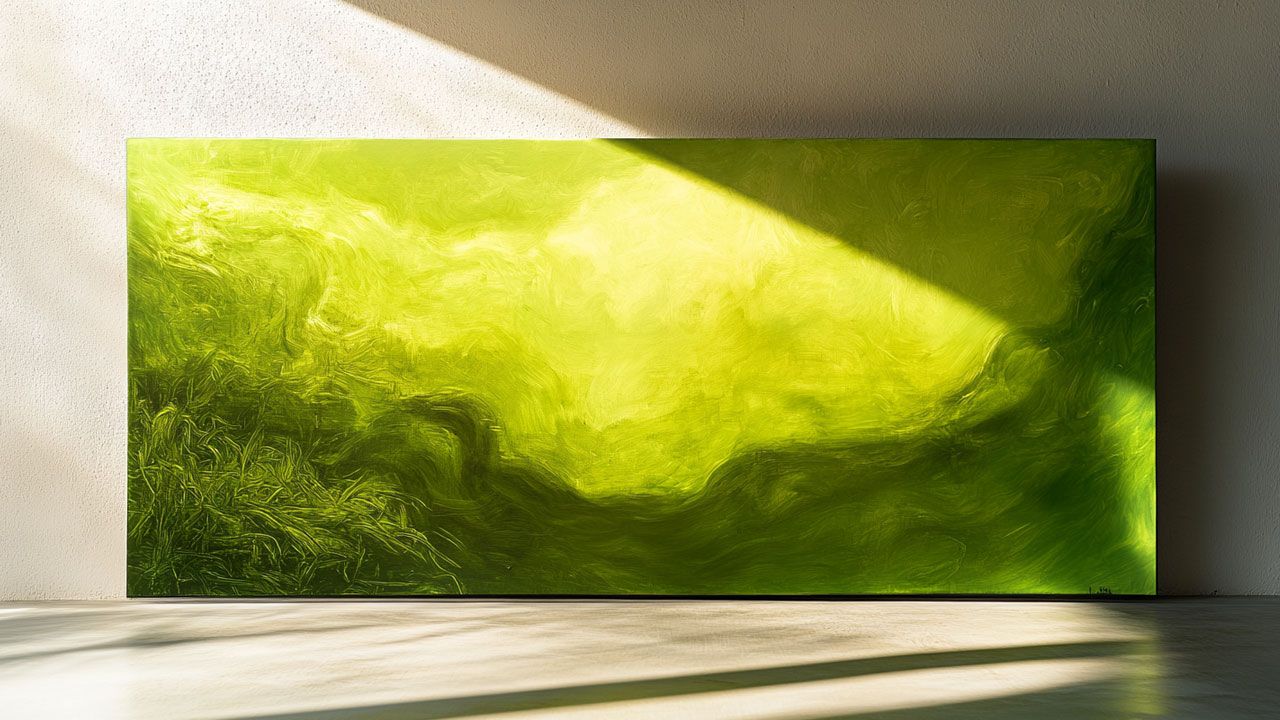 A large abstract painting with swirling shades of green, illuminated by sunlight, leaning against a light-colored wall.