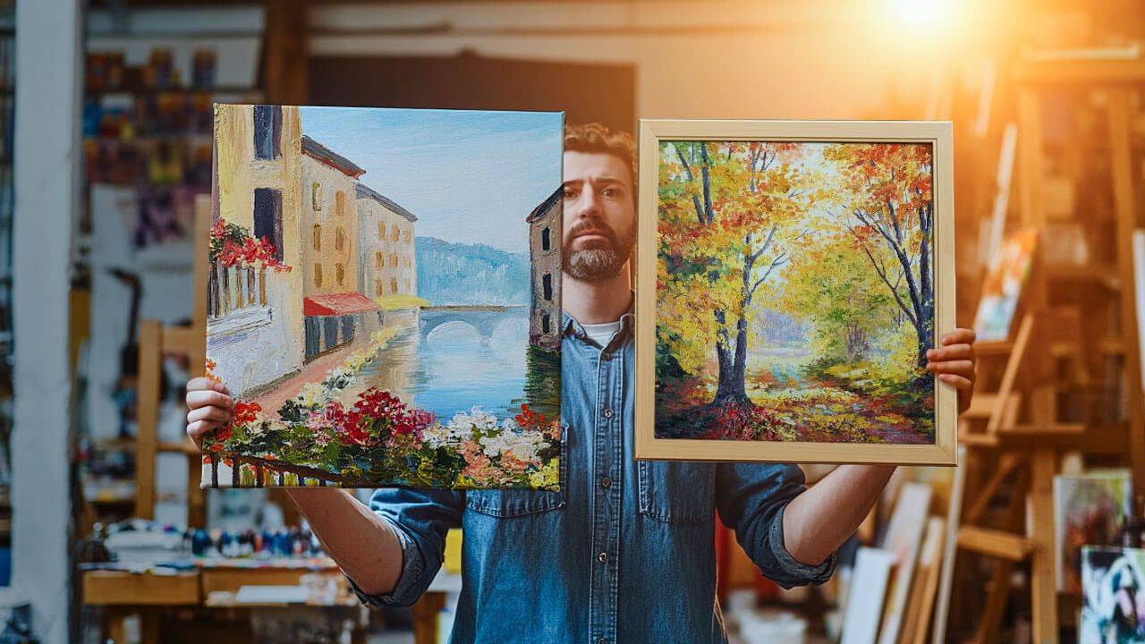 artist choosing between prints