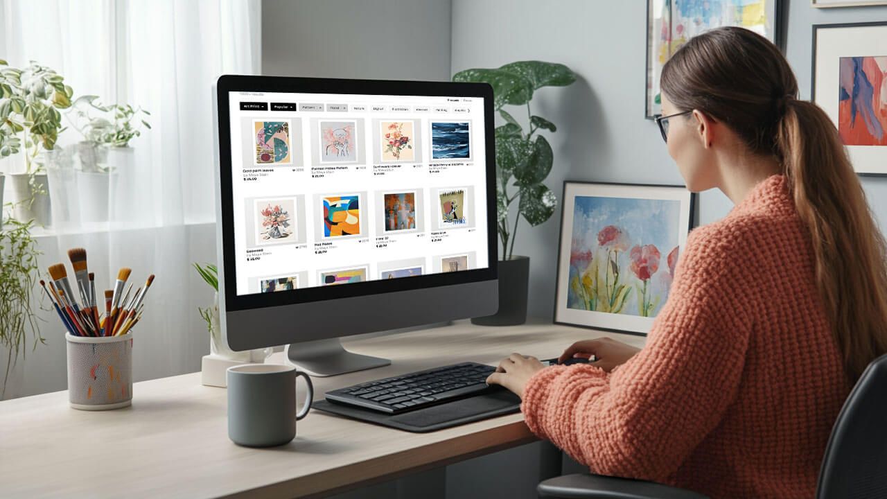 Artist comparing prices online