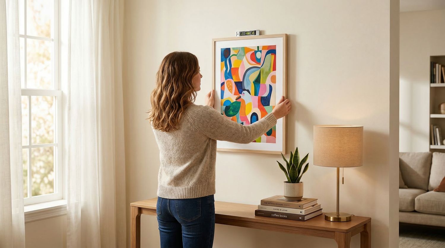A woman adjusts a colorful abstract painting on a wall. Nearby are a lamp, books, and a plant on a wooden table in a warmly lit room.