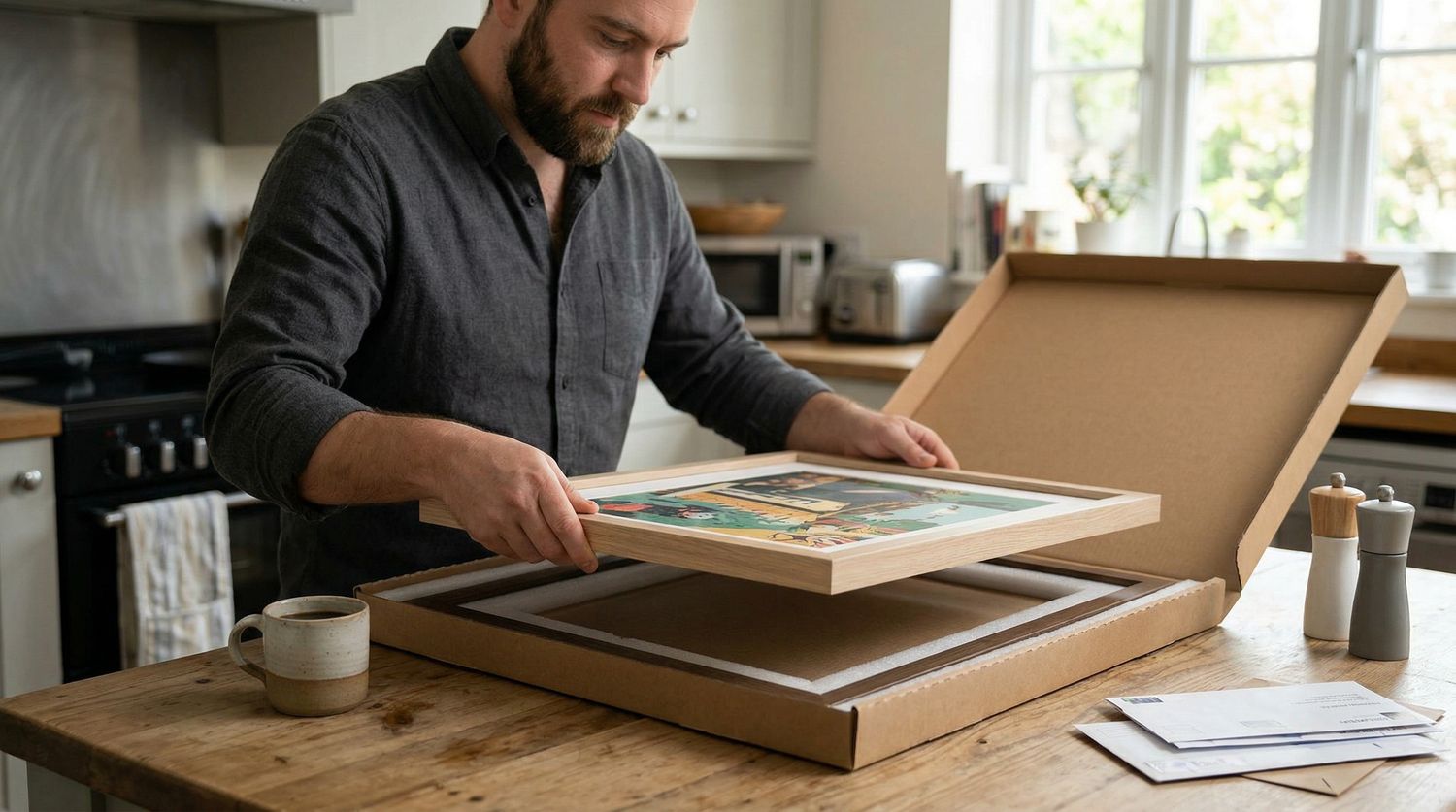 Man in a kitchen unboxing a framed picture from cardboard packaging on a wooden table, with a mug and salt and pepper shakers nearby.