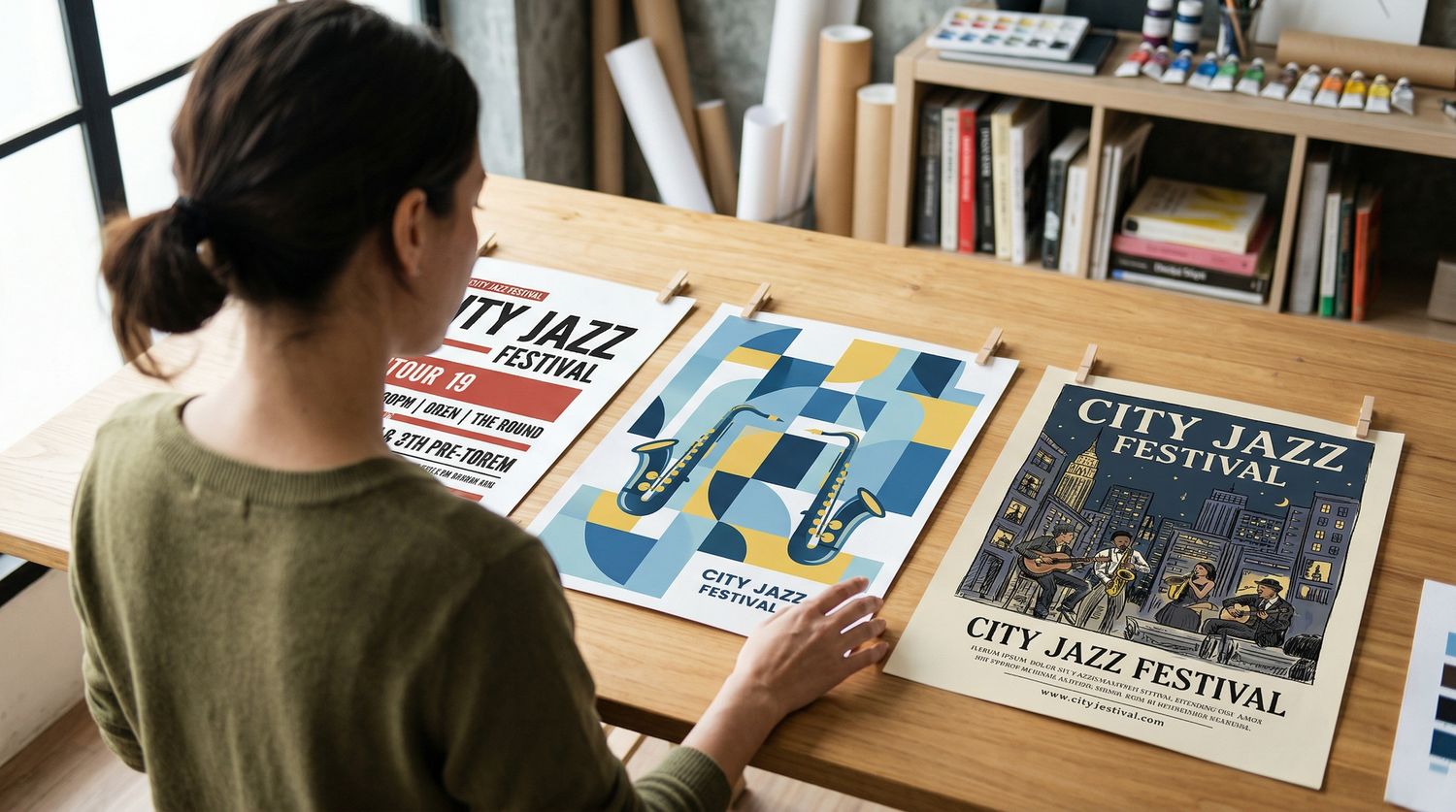 A person looking at various City Jazz Festival posters on a wooden table in a well-lit room.