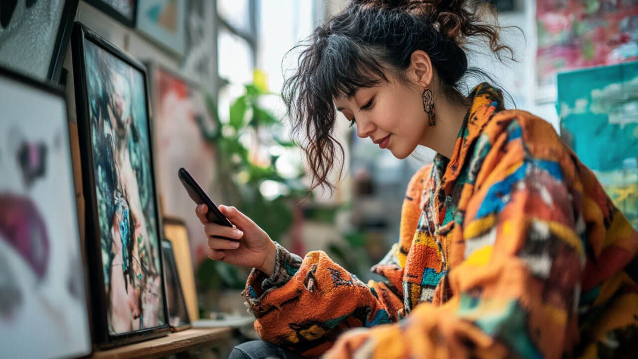 Artist writing Instagram caption