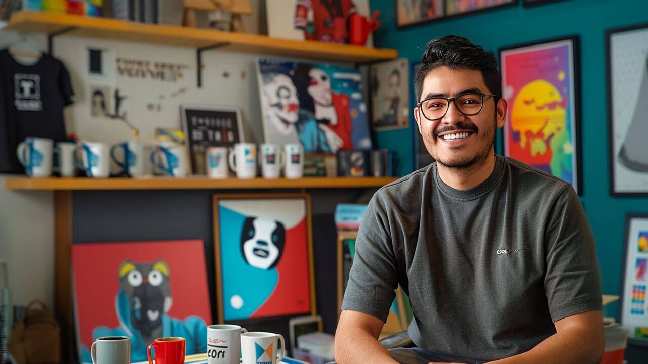 Merch business owner smiling