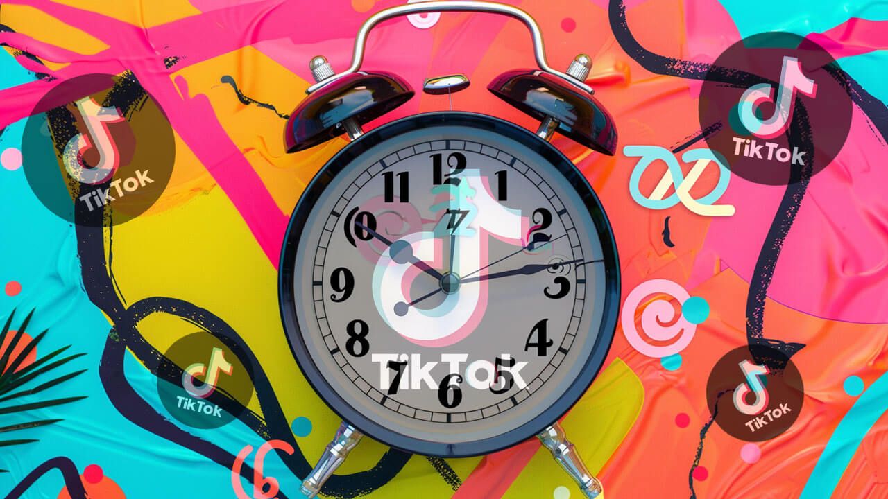 Best time to post on TikTok illustrated by clock and TikTok logo