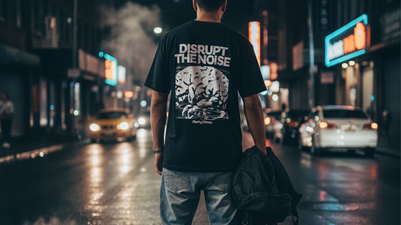 Person in a "Disrupt the Noise" shirt stands in a dimly lit urban street at night, holding a jacket. Neon signs and cars are visible in the background.