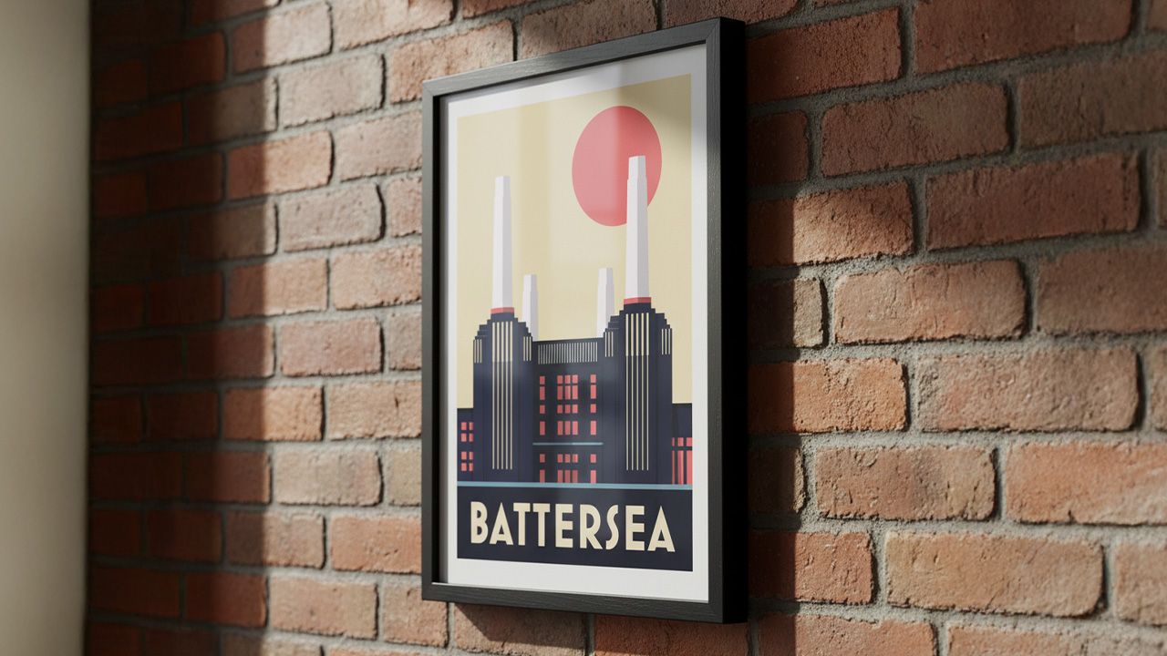 Framed poster of Battersea Power Station with a red sun, hanging on a brick wall.