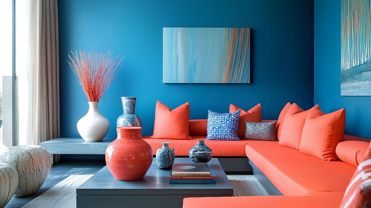 Modern living room with vibrant orange sofas, blue walls, abstract art, and decorative vases on a central coffee table.