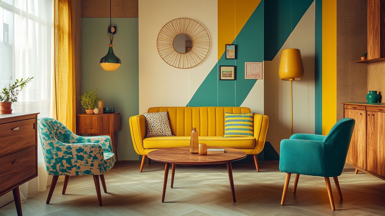 A vibrant living room with a yellow sofa, teal and blue chairs, geometric wall patterns, and wooden furniture.