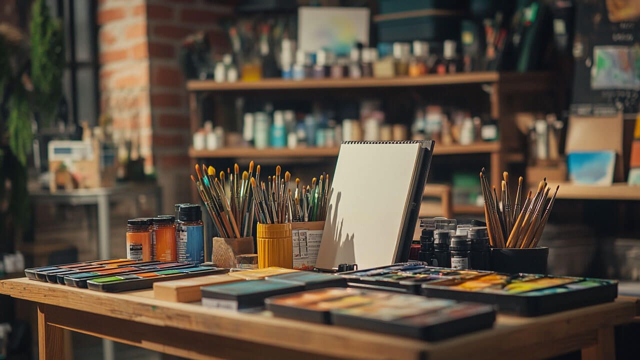 art supplies display table