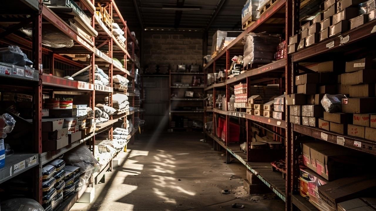 Warehouse shelves with unsold goods