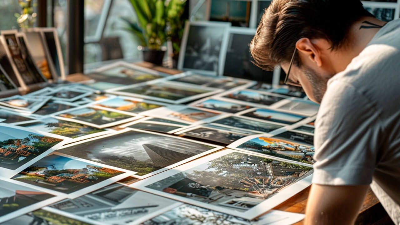Photographer reviewing prints