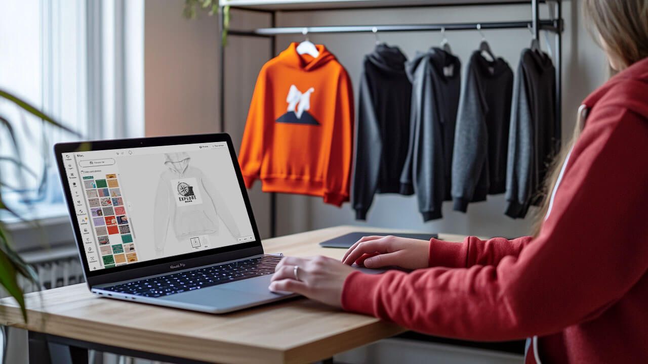 Designing hoodie with laptop