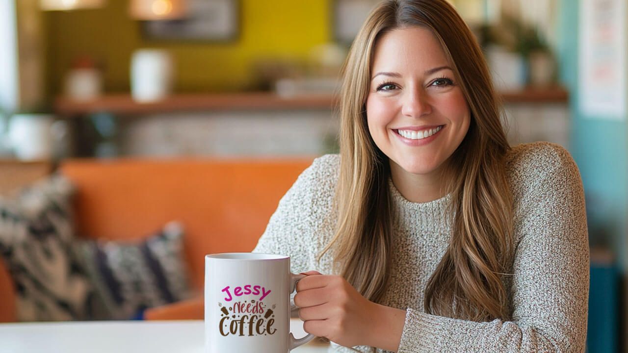 woman holding custom mug