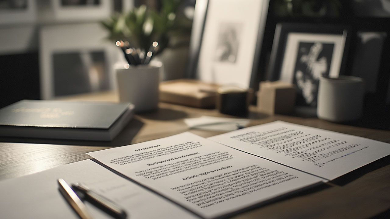 A wooden desk with documents, a pen, potted plants, and framed photos, creating a cozy and organized workspace.