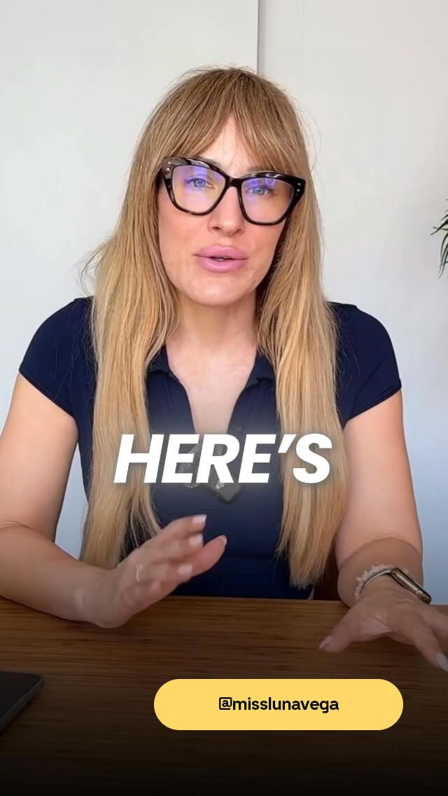 Person with long hair and glasses speaking, gesturing with one hand. Text overlay: "HERE’S". Username "@misslunavega" displayed below.