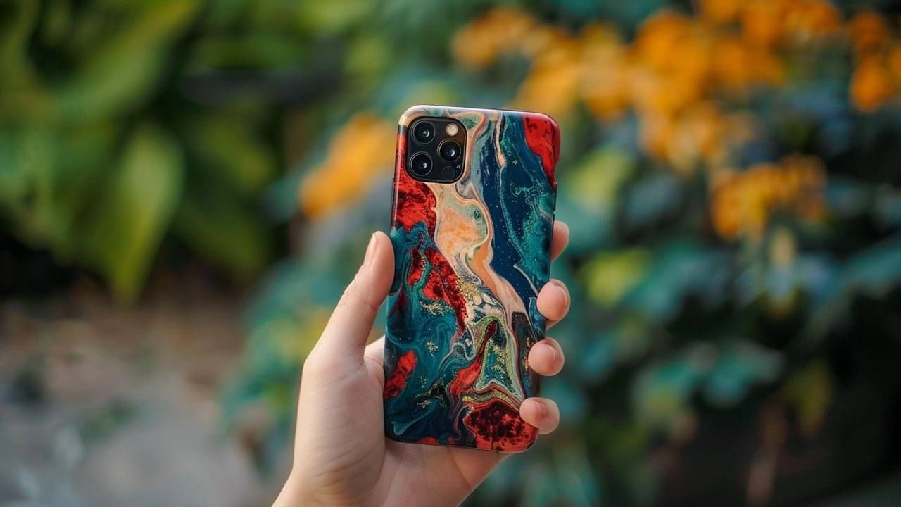 Hand holding artistic phone case