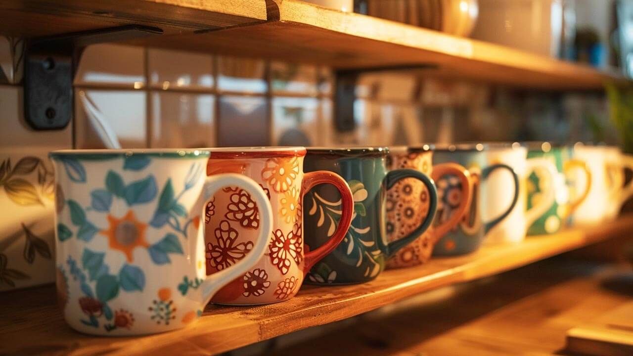 Decorative mugs on shelf