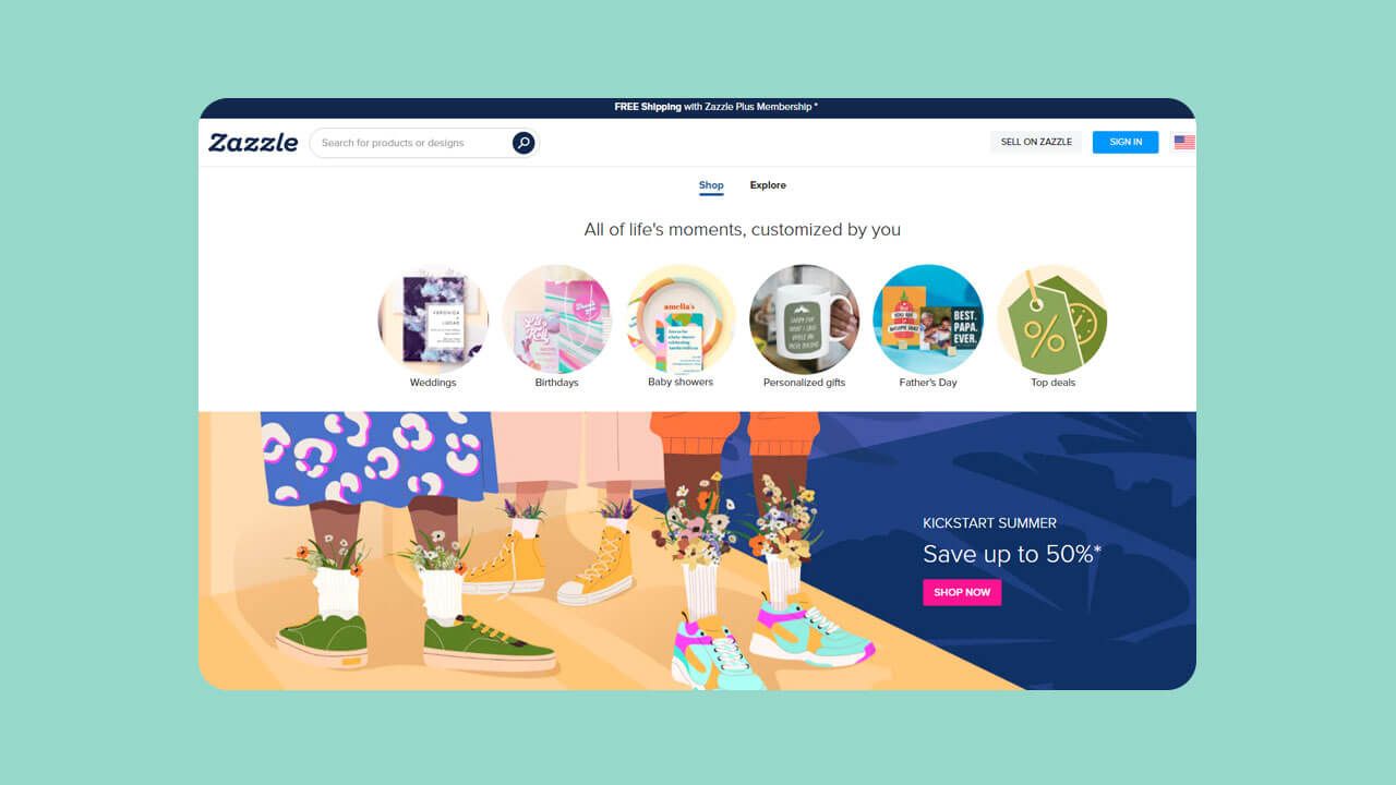 Zazzle merch website homepage