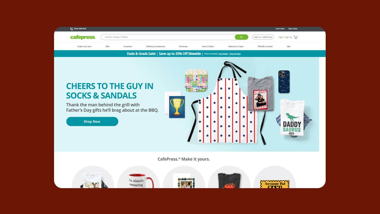 CafePress merch website homepage