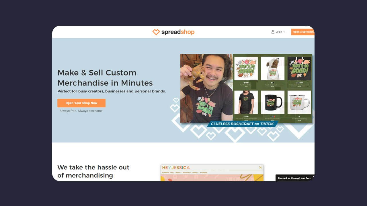 Spreadshop merch website homepage