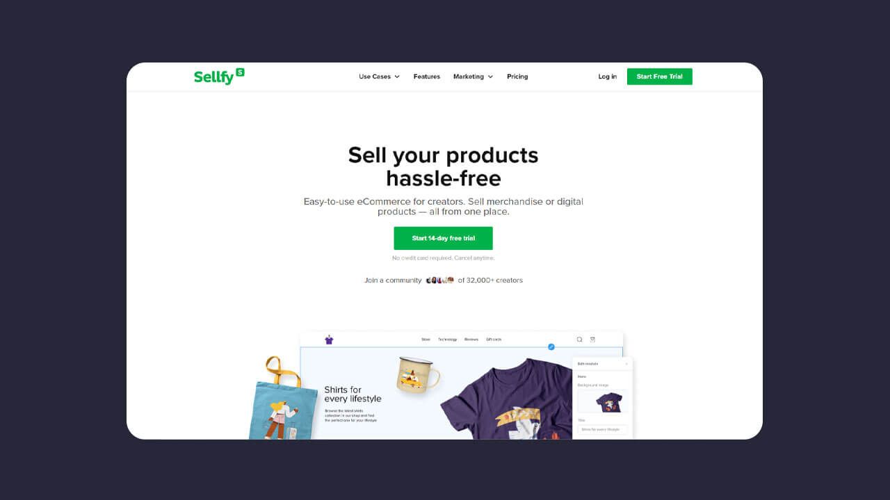 Sellfy merch website homepage