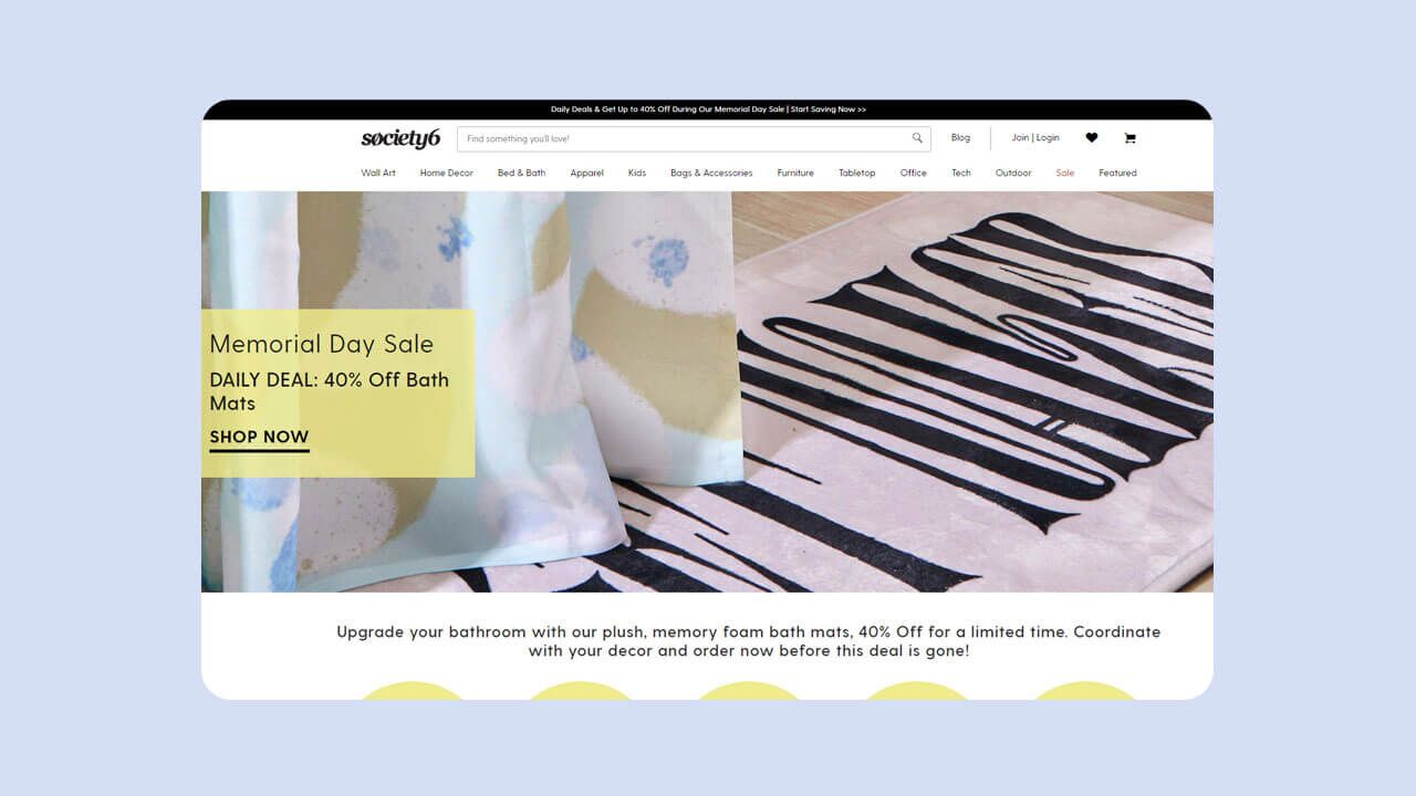 Society6 merch website homepage