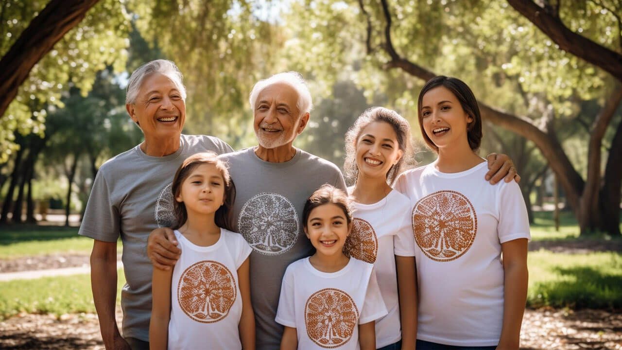 Family gathering in matching shirts