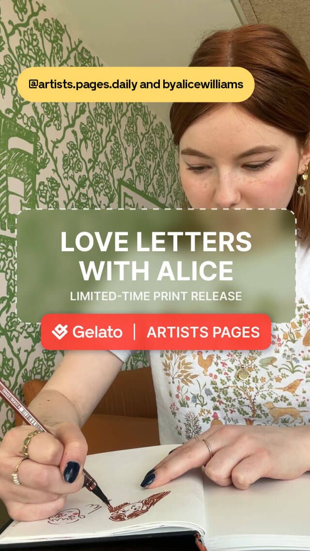 Woman drawing in a sketchbook, surrounded by text promoting a limited-time print release. Background features green patterned wallpaper.