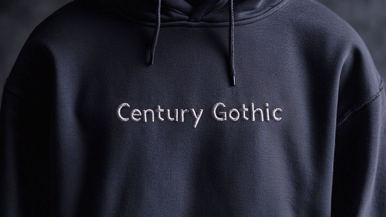 Century Gothic font embroidered on hoodie