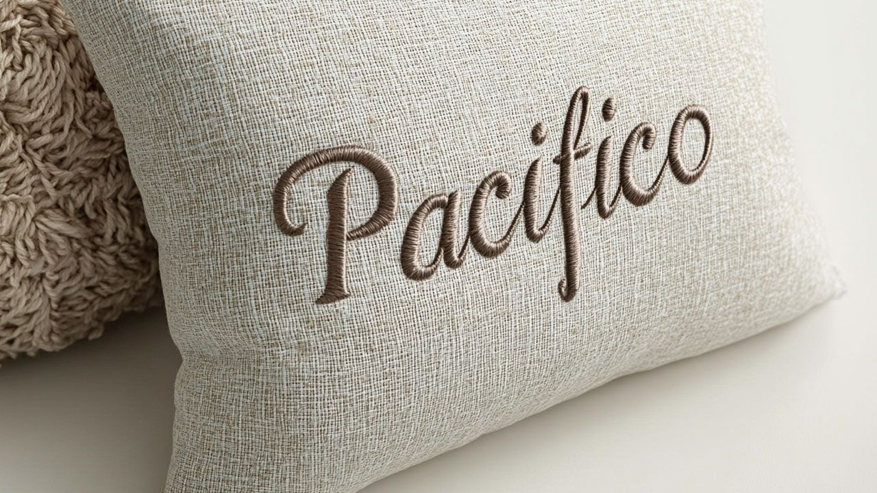 Pacifico font embroidered on pillow
