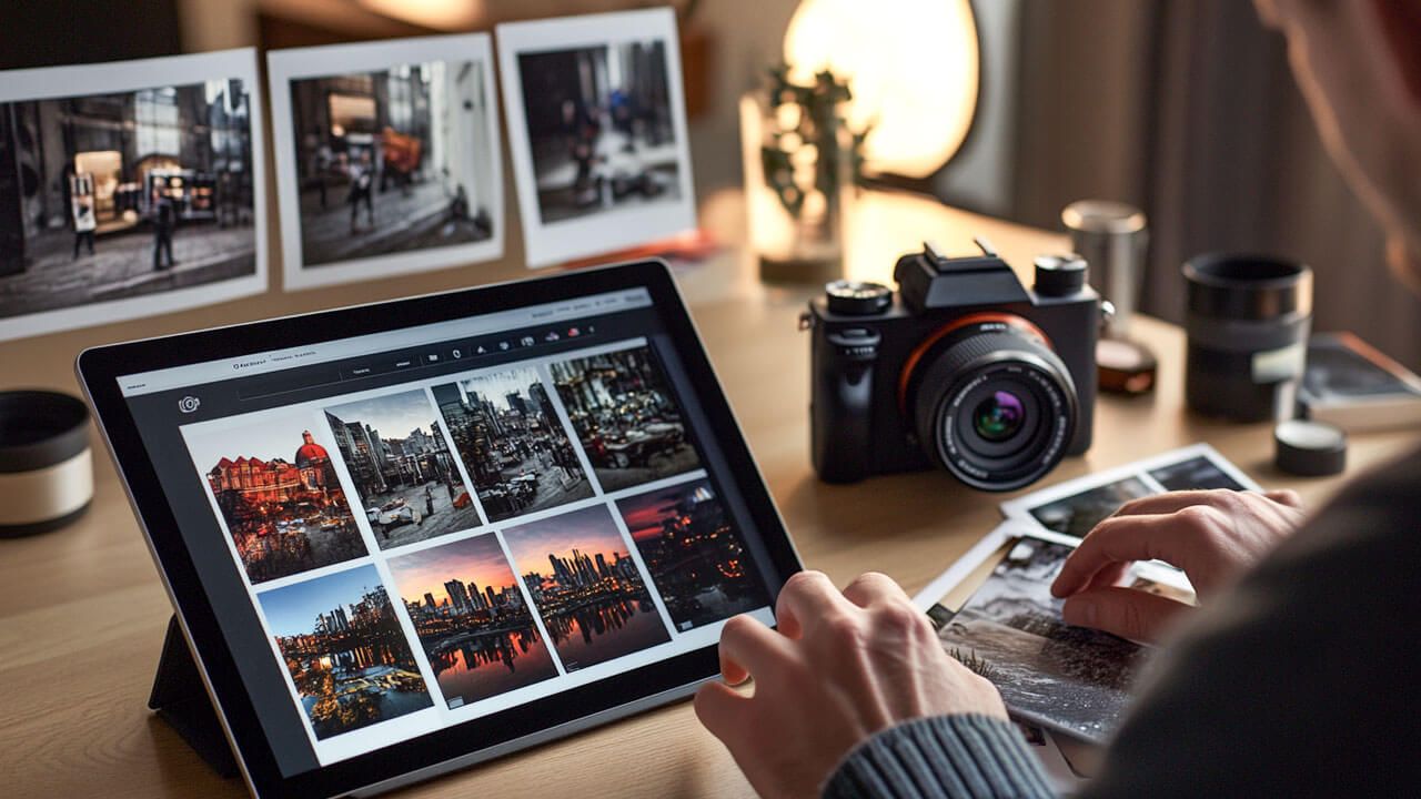 photographer reviewing portfolio images