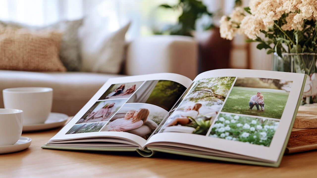 Open photo book on table