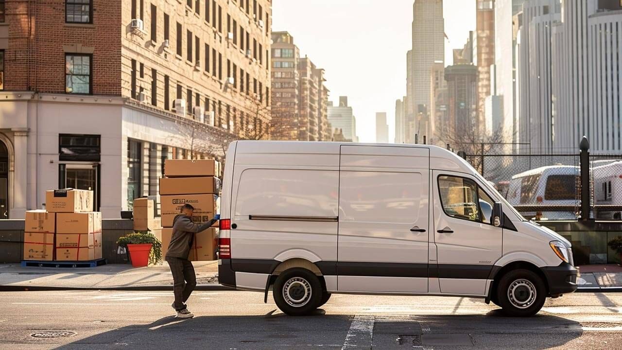 Courier van delivering packages