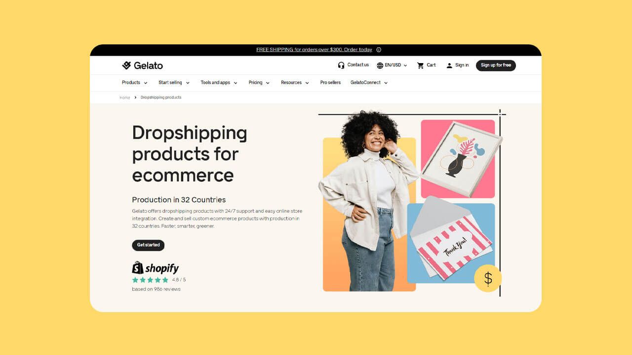 A screenshot of the Gelato dropshipping website