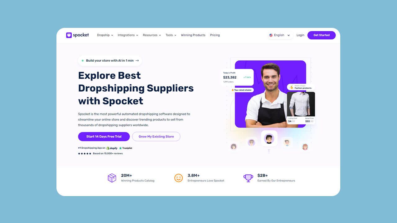 A screenshot of the Spocket dropshipping website