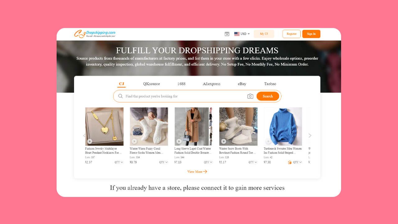 A screenshot of the CJDropshipping dropshipping website