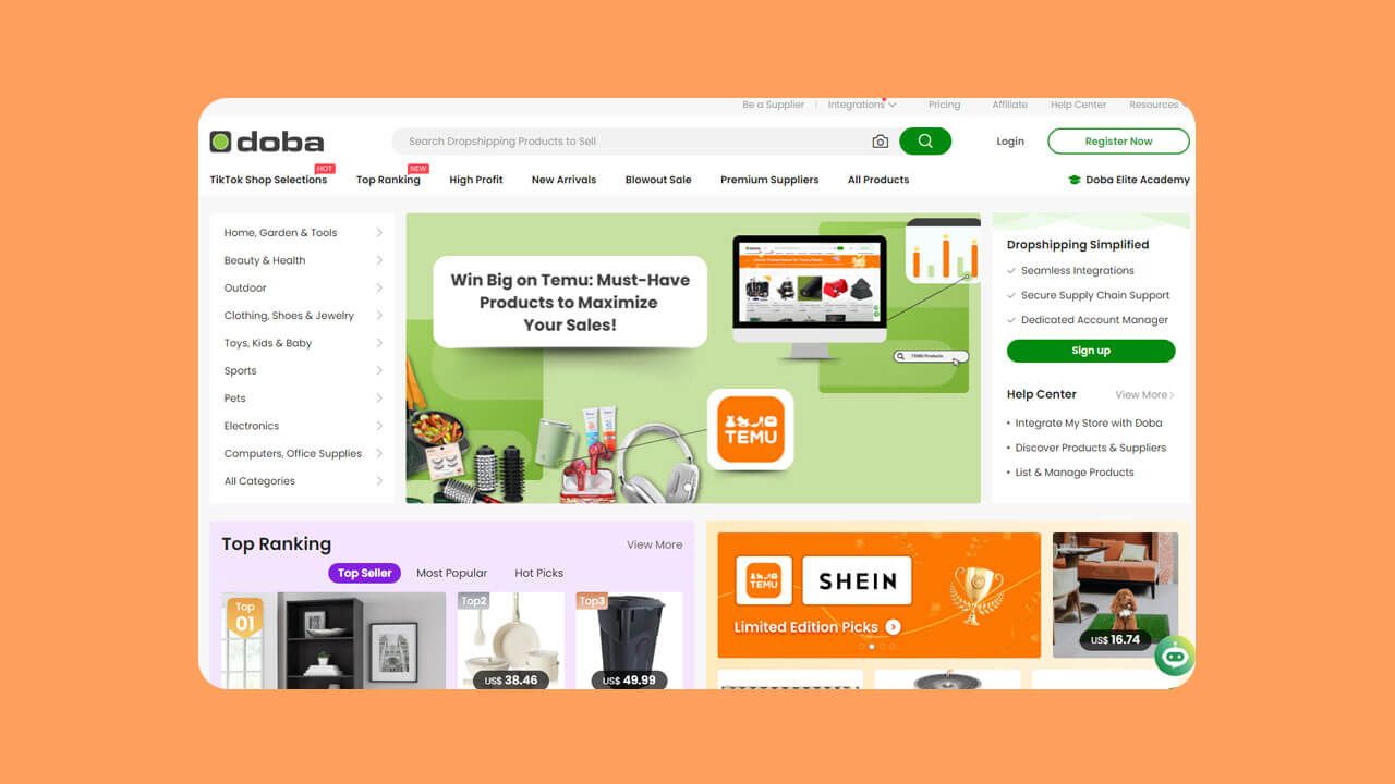 A screenshot of the Doba dropshipping website