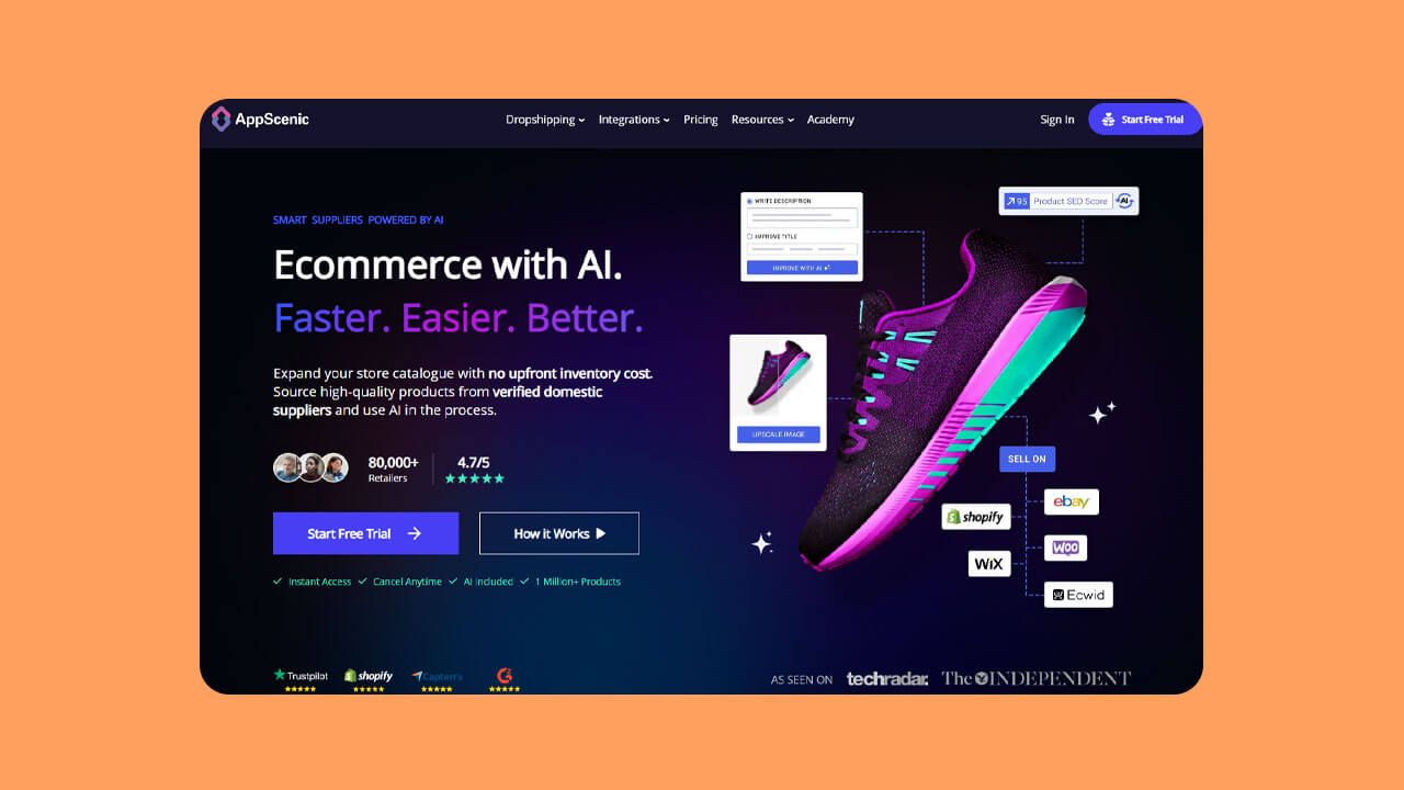 A screenshot of the AppScenic dropshipping website