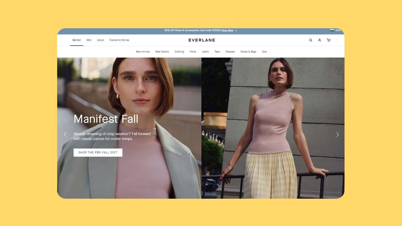 Screenshot of Everlane fashion website