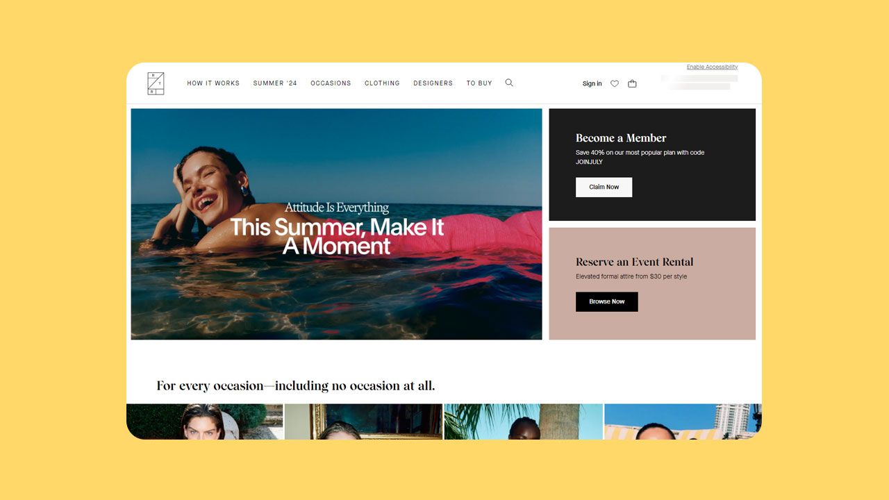 Screenshot of Rent the Runway fashion website