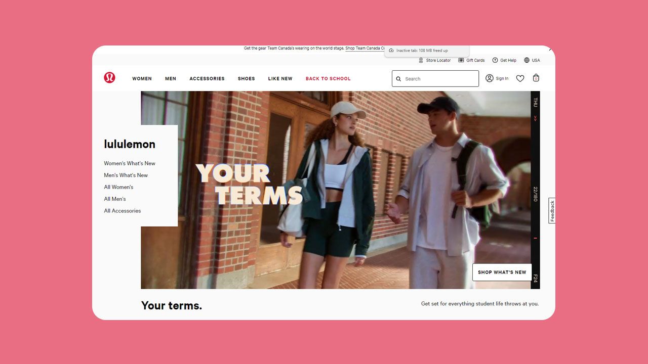 Screenshot of lululemon fashion website