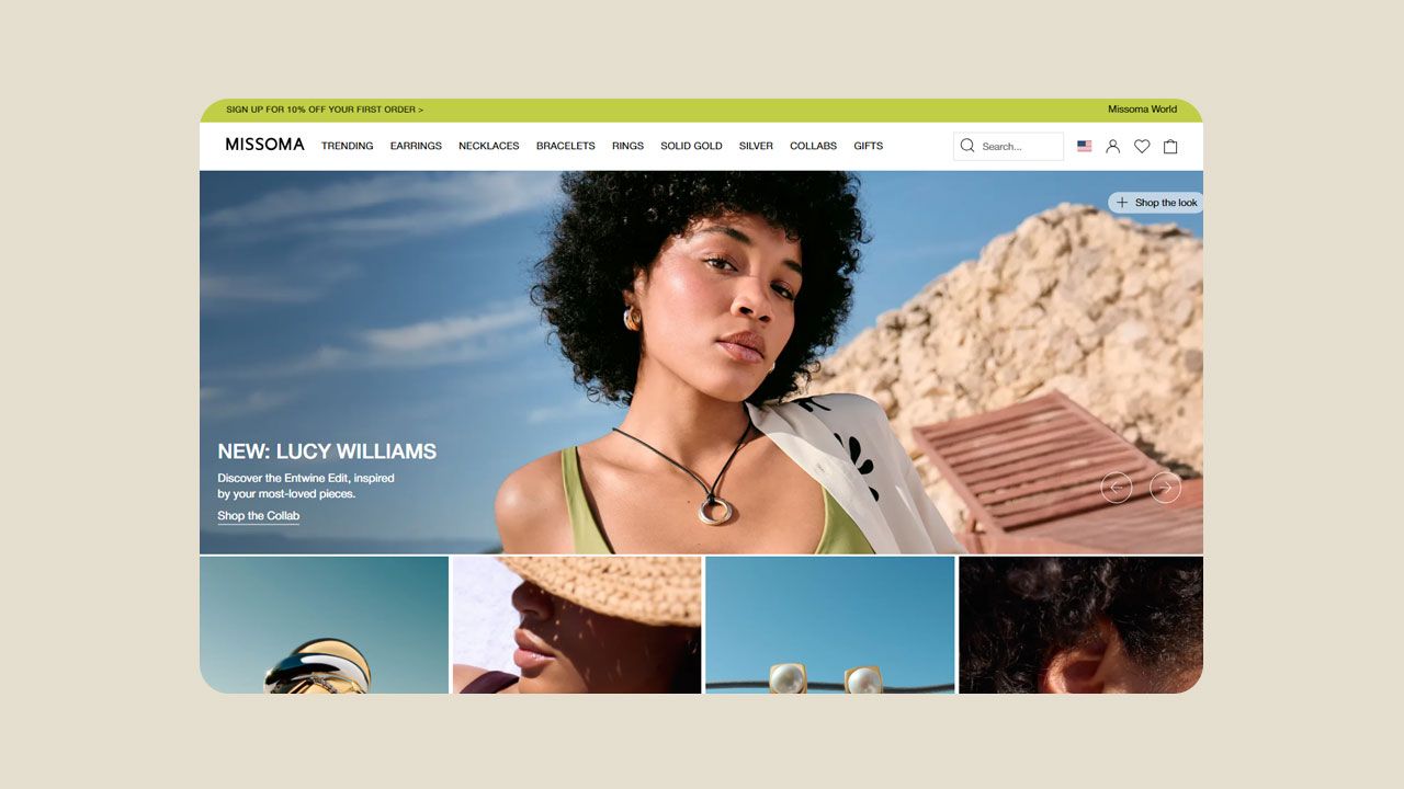 Screenshot of Missoma fashion website