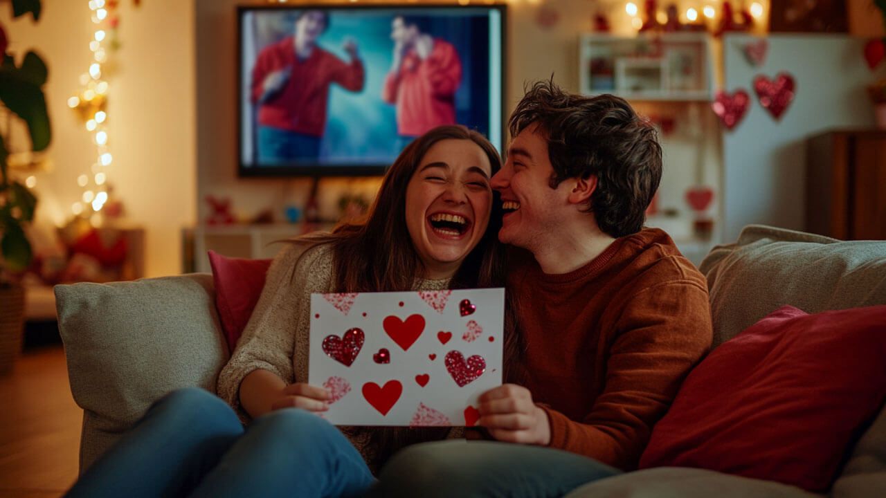Couple laughing at Valentine’s card