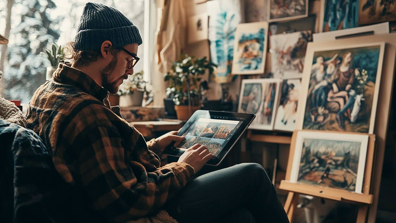 Artist viewing website portfolios on tablet