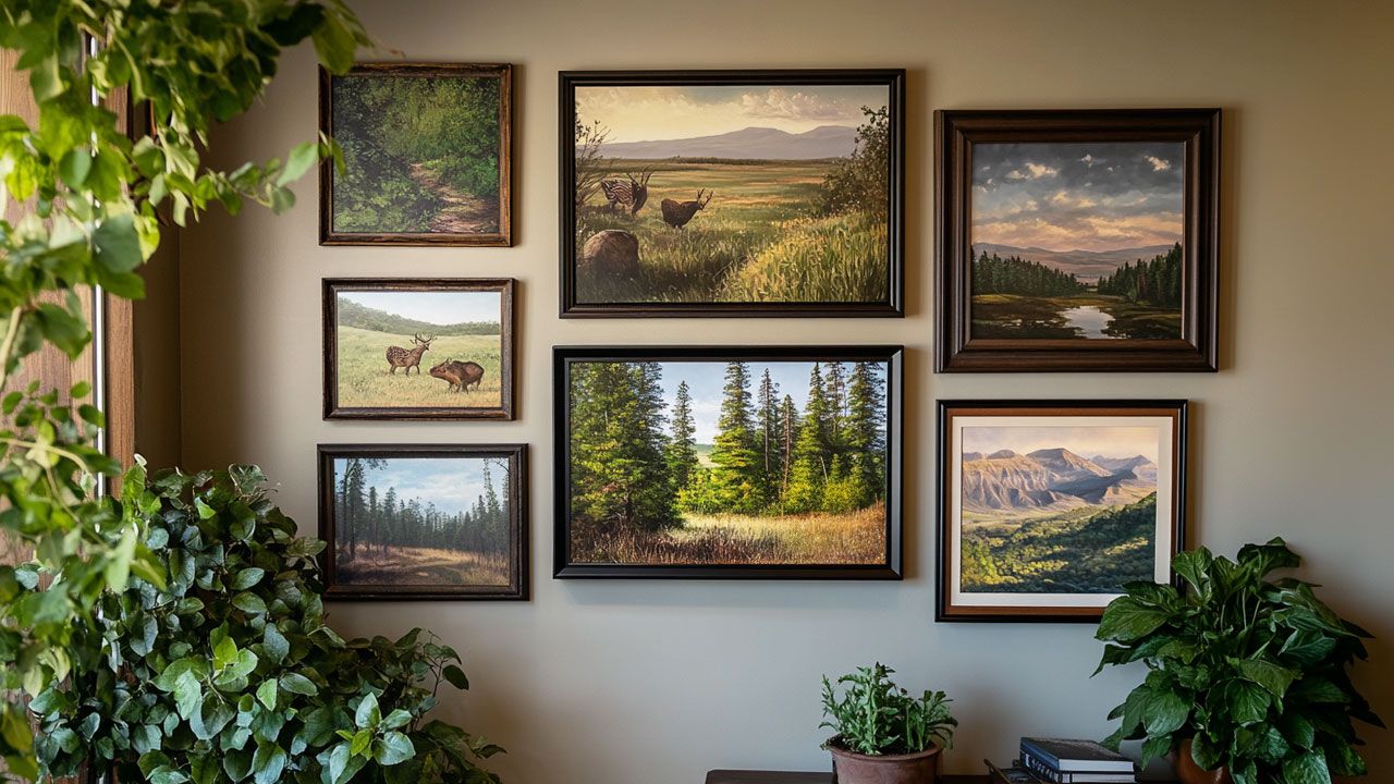 A wall adorned with framed landscape paintings, featuring forests, mountains, and wildlife, surrounded by lush green plants.